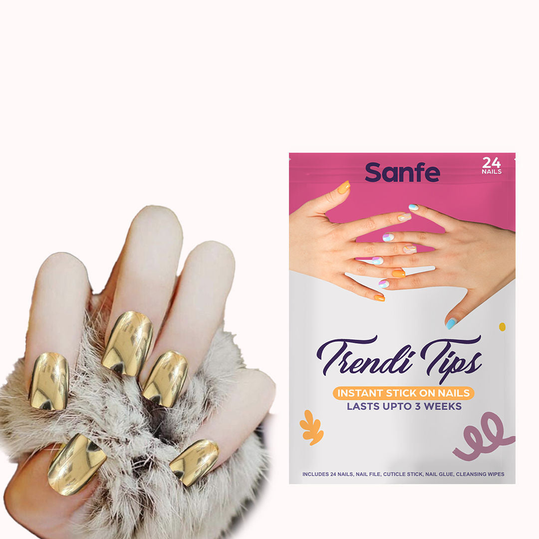 Sanfe Instant Stick On Nails - Golden Chrome 24 Reusable Artificial Fake Nails Light Salon Look