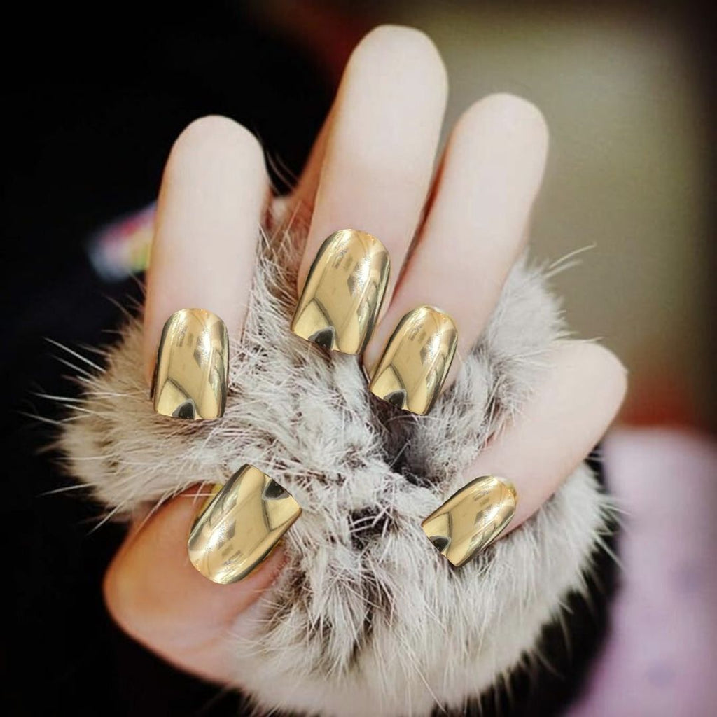 Sanfe Instant Stick On Nails - Golden Chrome 24 Reusable Artificial Fake Nails Light Salon Look