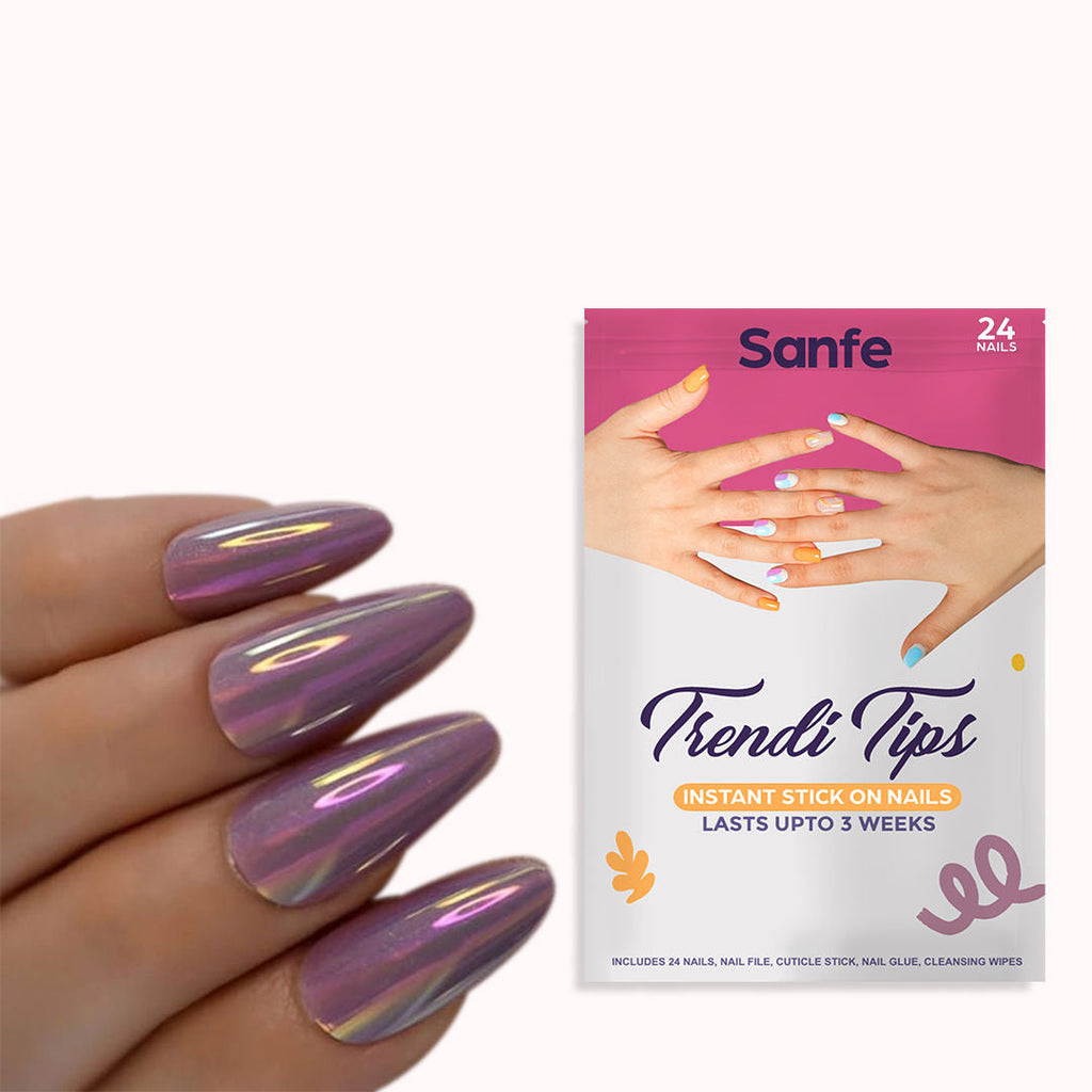 Sanfe Instant Stick On Nails - Violet Chrome 24 Reusable Artificial Fake Nail Salon Look