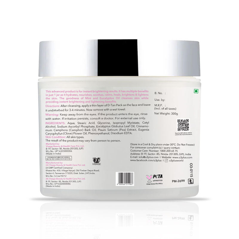 O3+ D -TAN Face Pack for Tan Removal & Glowing Skin - Detan Mask for All Skin Types