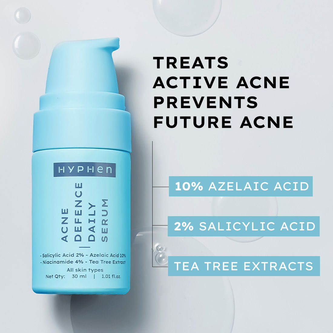 Hyphen Anti Acne 10% Azelaic Acid 2% Salicylic Acid Face Serum, Tea Tree Extract, Fades Acne Marks
