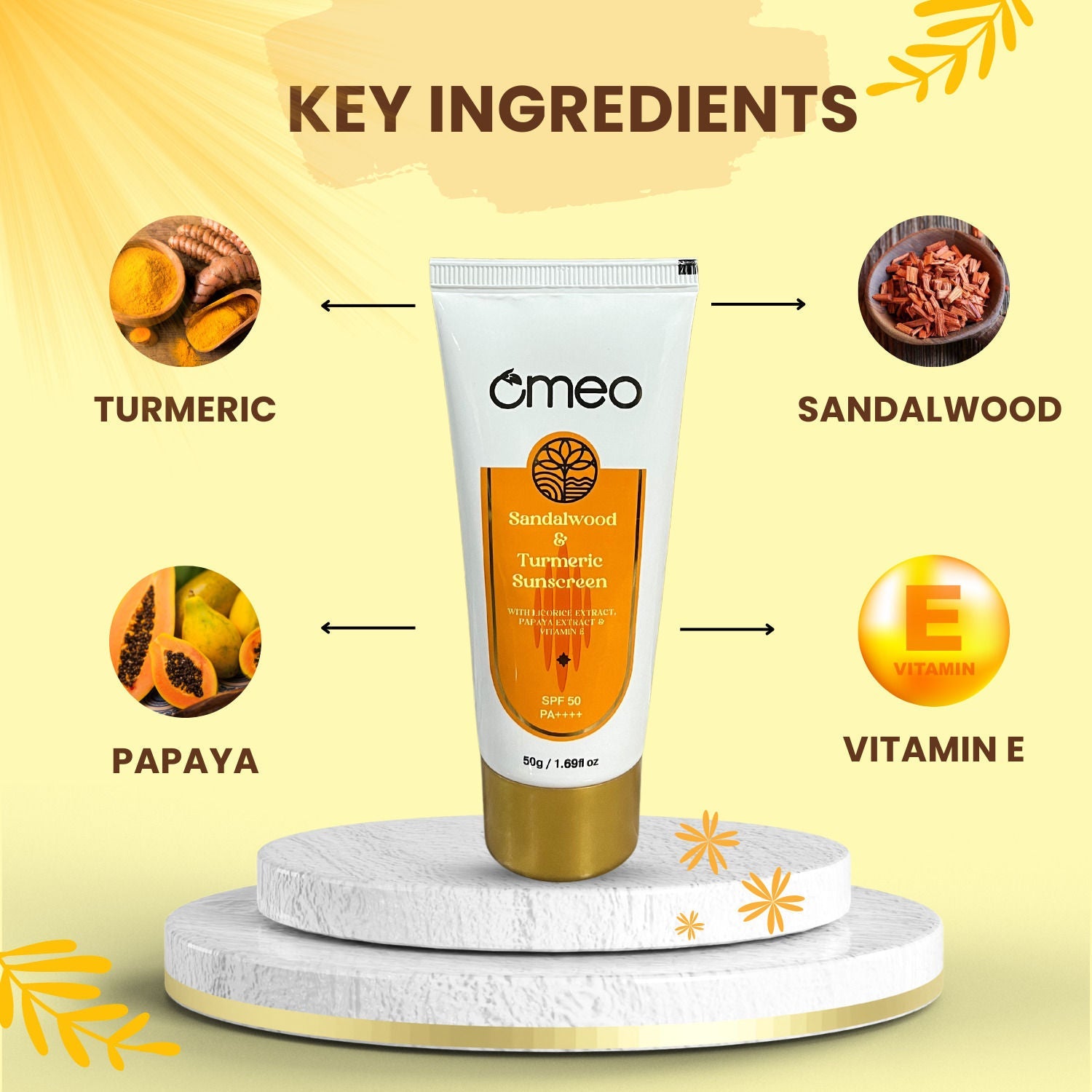 Omeo Sunscreen With Sandalwood, Turmeric, Papaya & Licorice Extract