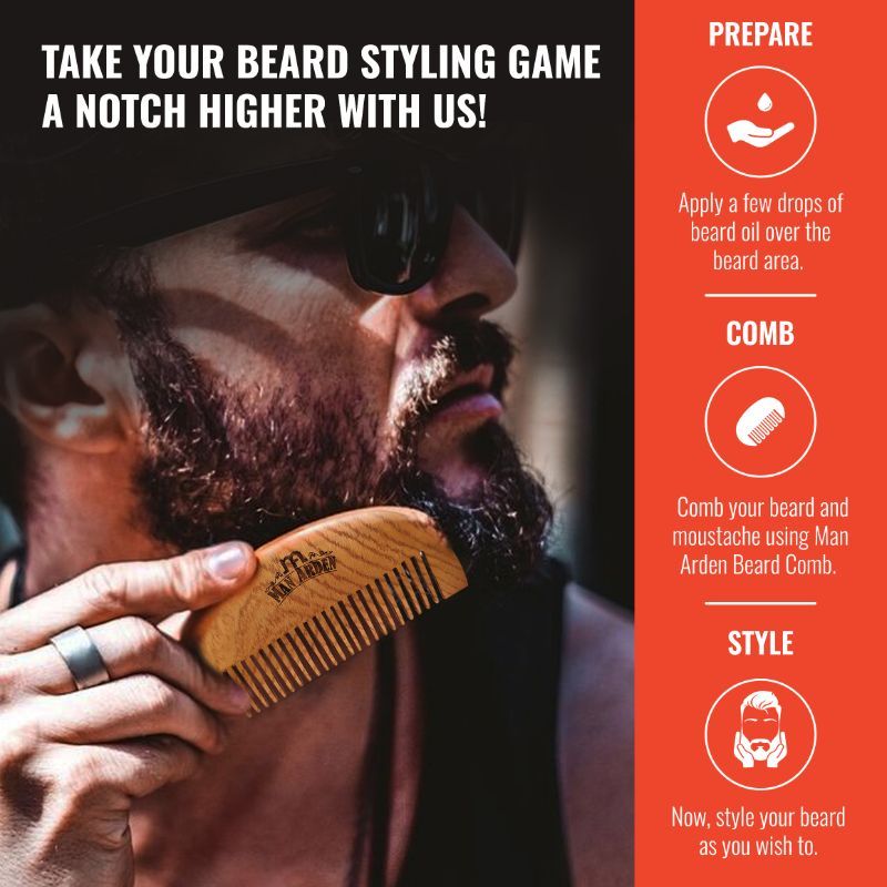 Man Arden Pure Neem Wooden Pocket Size Beard Comb With Premium Faux Leather Pouch