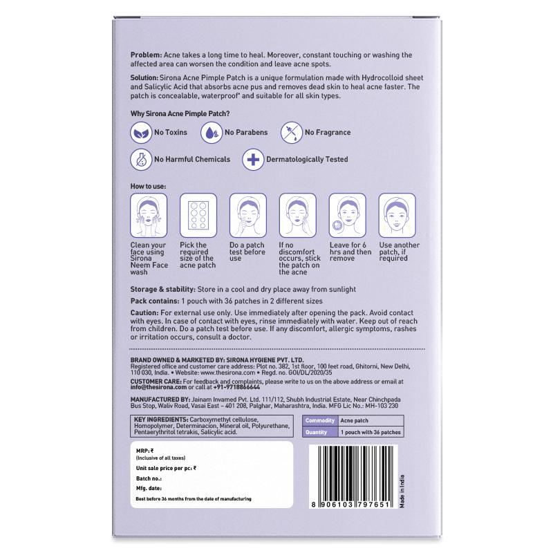 Sirona Anti Acne & Pimple Face Patches, 0.5% Salicylic Acid & 100% Hydrocolloid, Acne Spot Corrector