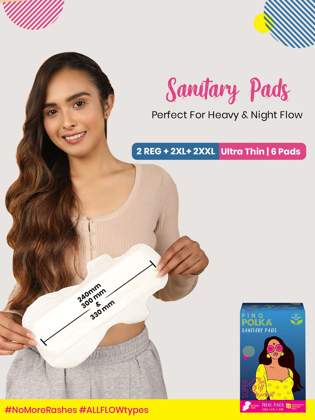 PINQ POLKA Sanitary Pads Trial (XXL XL Regular) Organic Cotton Soft Feel Rash Free Wide Back
