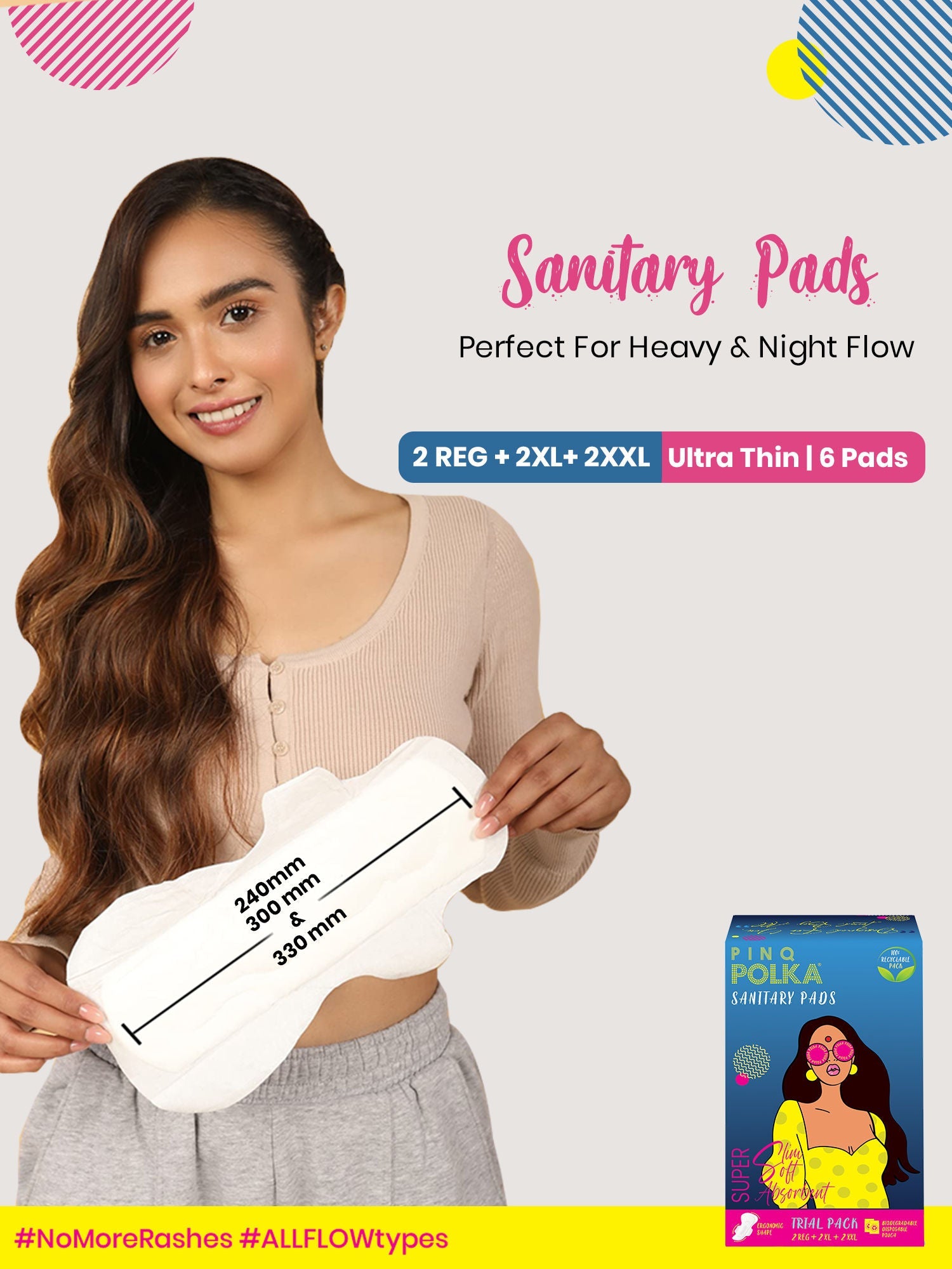 PINQ POLKA Sanitary Pads Trial (XXL XL Regular) Organic Cotton Soft Feel Rash Free Wide Back
