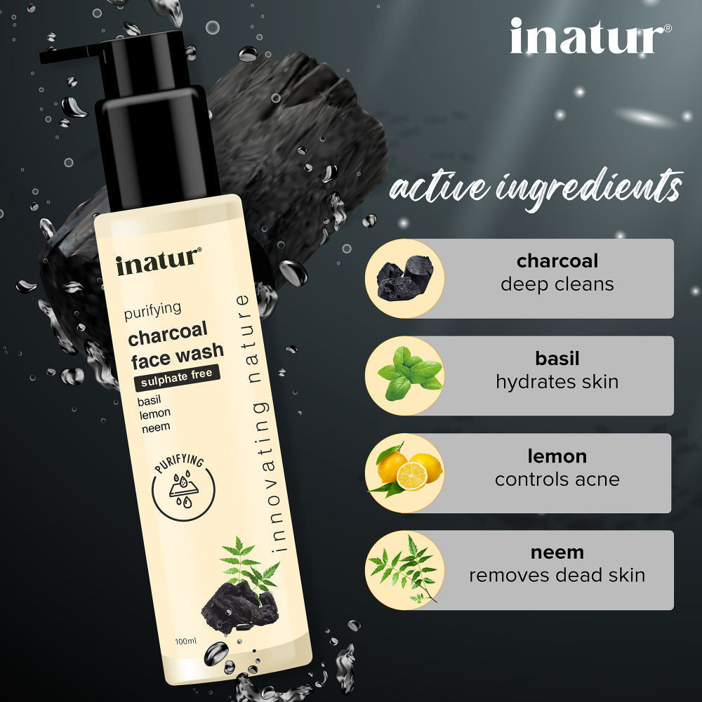 inatur Charcoal Face Wash with Activated Charcoal, Basil & Neem for Deep Cleansing & Purifying
