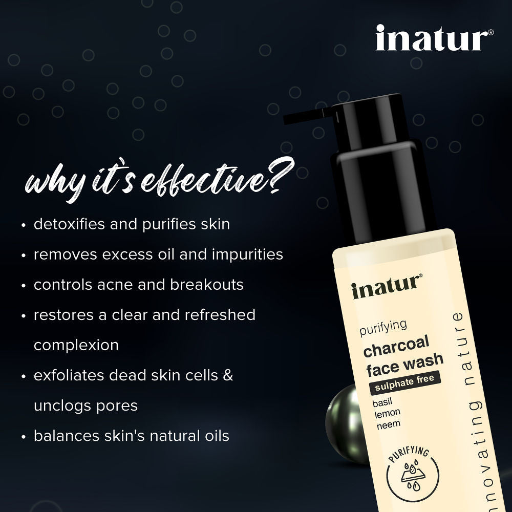 inatur Charcoal Face Wash with Activated Charcoal, Basil & Neem for Deep Cleansing & Purifying