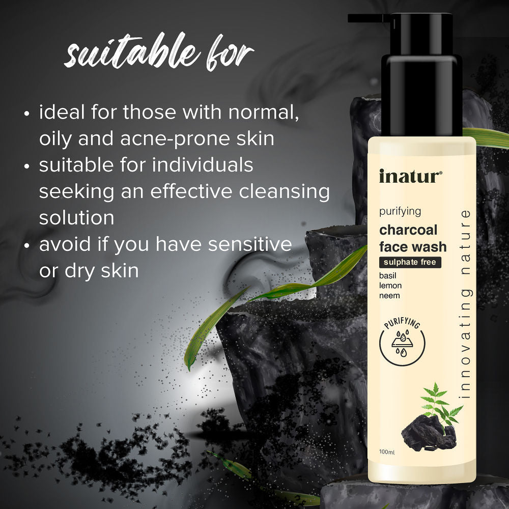 inatur Charcoal Face Wash with Activated Charcoal, Basil & Neem for Deep Cleansing & Purifying