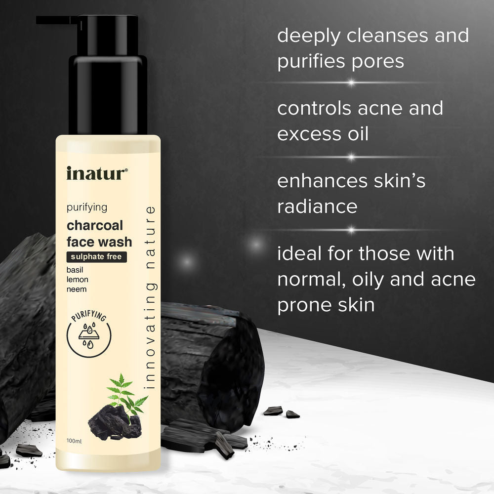 inatur Charcoal Face Wash with Activated Charcoal, Basil & Neem for Deep Cleansing & Purifying