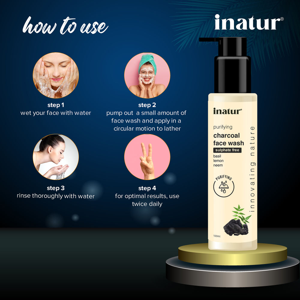 inatur Charcoal Face Wash with Activated Charcoal, Basil & Neem for Deep Cleansing & Purifying