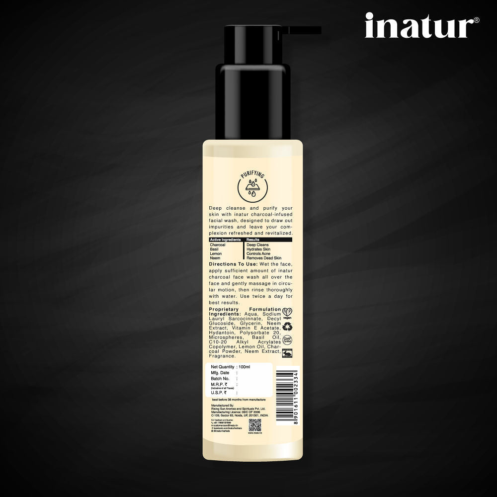 inatur Charcoal Face Wash with Activated Charcoal, Basil & Neem for Deep Cleansing & Purifying