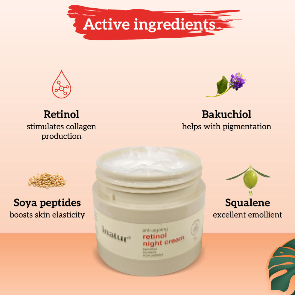 inatur Retinol Night Cream, 1% Retinol & Bakuchiol, Anti-Aging, Hyaluronic Acid & Soya Peptides