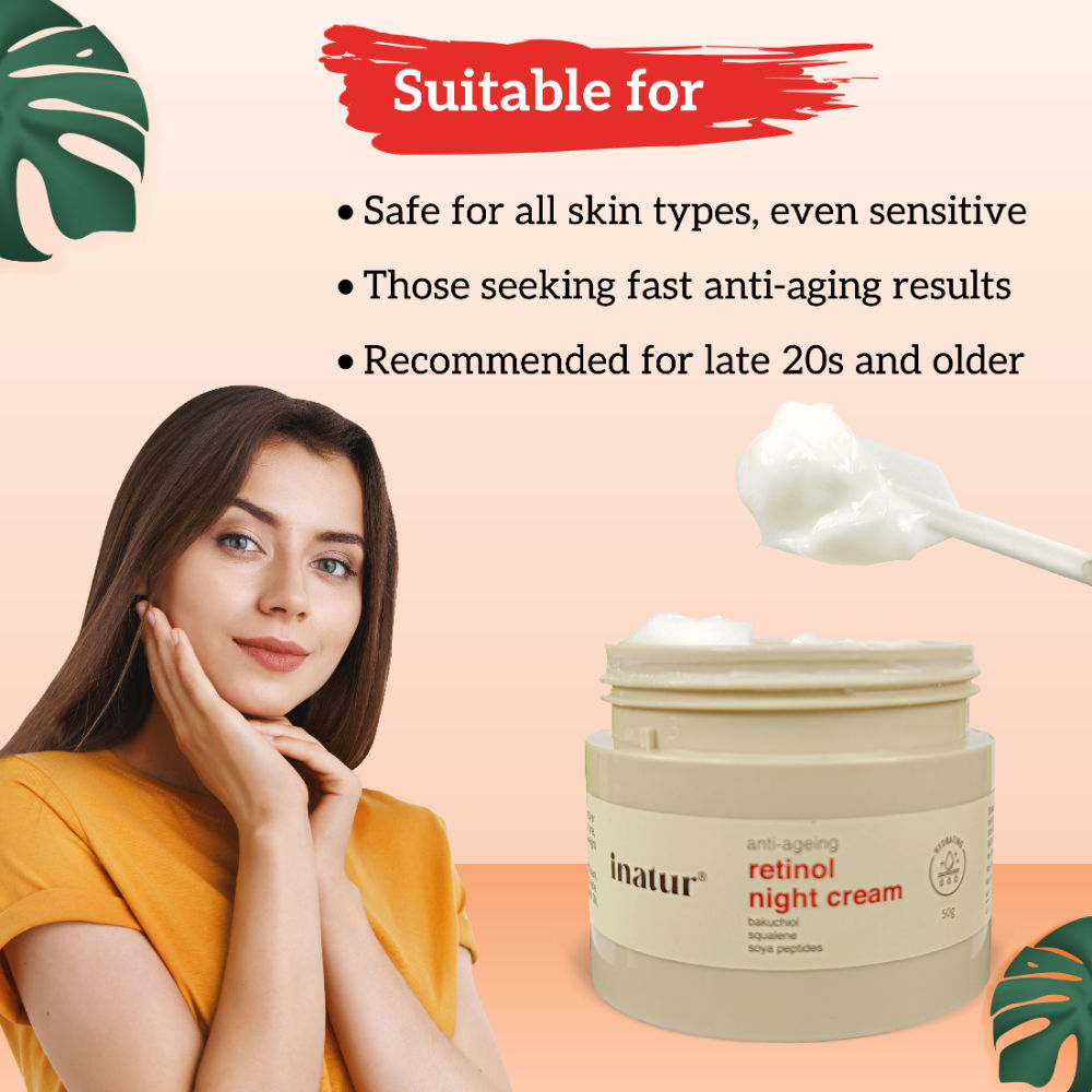 inatur Retinol Night Cream, 1% Retinol & Bakuchiol, Anti-Aging, Hyaluronic Acid & Soya Peptides