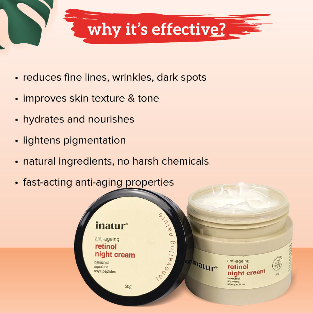 inatur Retinol Night Cream, 1% Retinol & Bakuchiol, Anti-Aging, Hyaluronic Acid & Soya Peptides