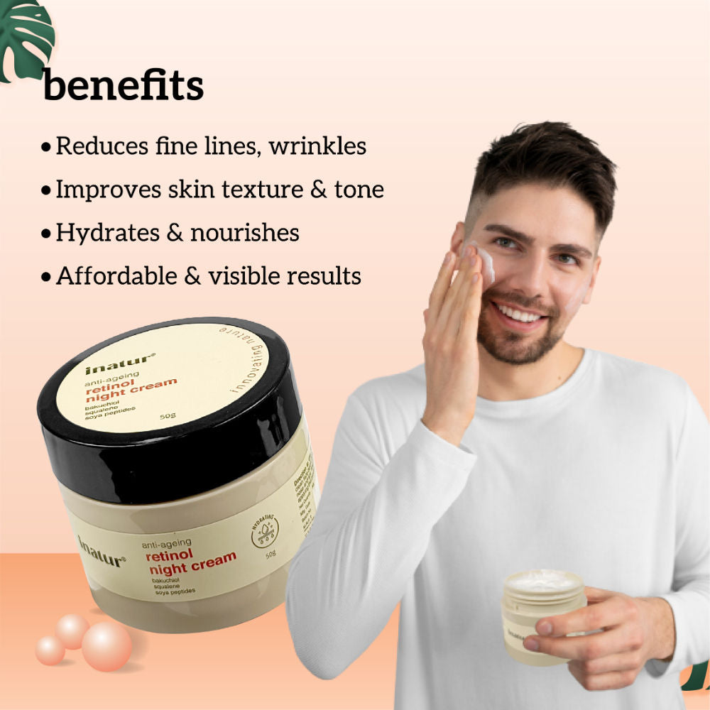 inatur Retinol Night Cream, 1% Retinol & Bakuchiol, Anti-Aging, Hyaluronic Acid & Soya Peptides