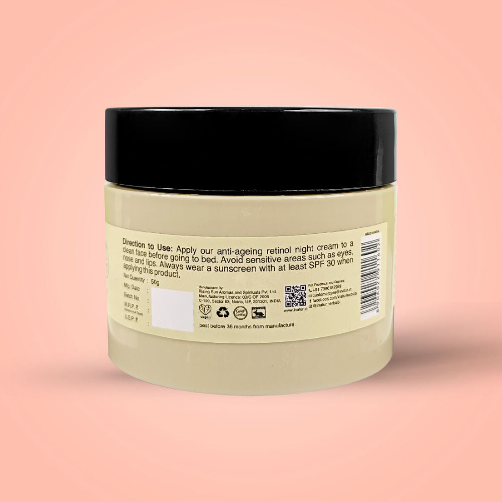 inatur Retinol Night Cream, 1% Retinol & Bakuchiol, Anti-Aging, Hyaluronic Acid & Soya Peptides