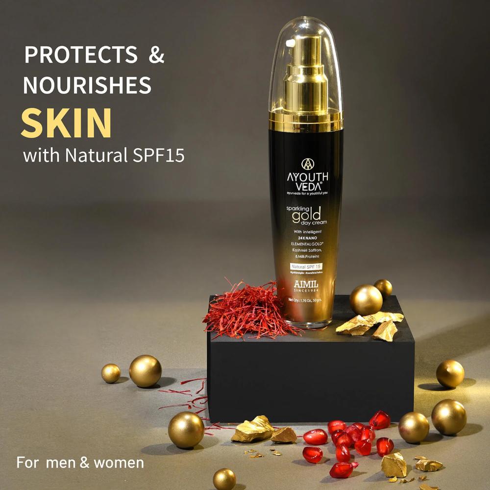 Ayouthveda Sparkling Gold Day Cream with 24K Nano Gold, Saffron & Lotus for Radiant, Youthful Skin
