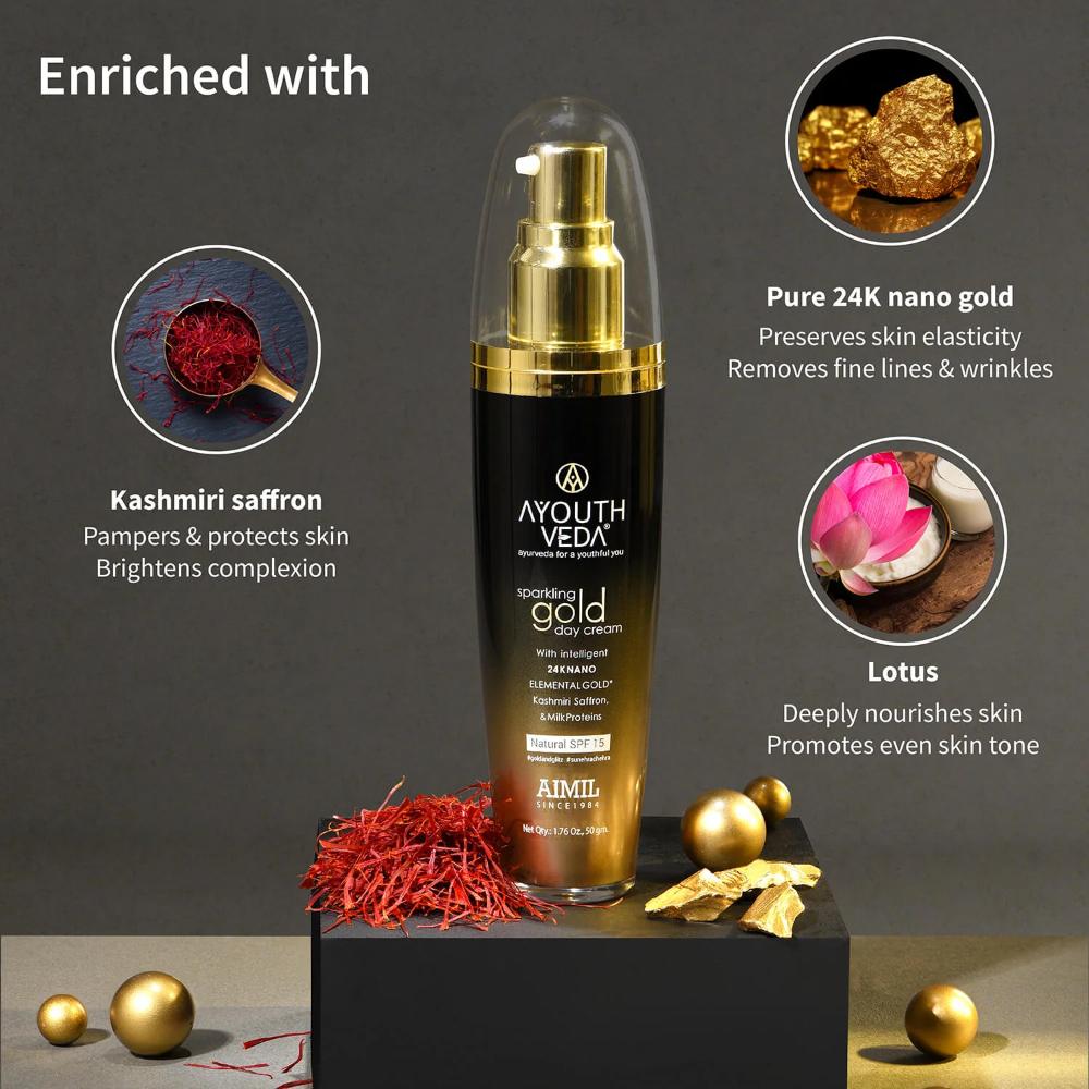 Ayouthveda Sparkling Gold Day Cream with 24K Nano Gold, Saffron & Lotus for Radiant, Youthful Skin