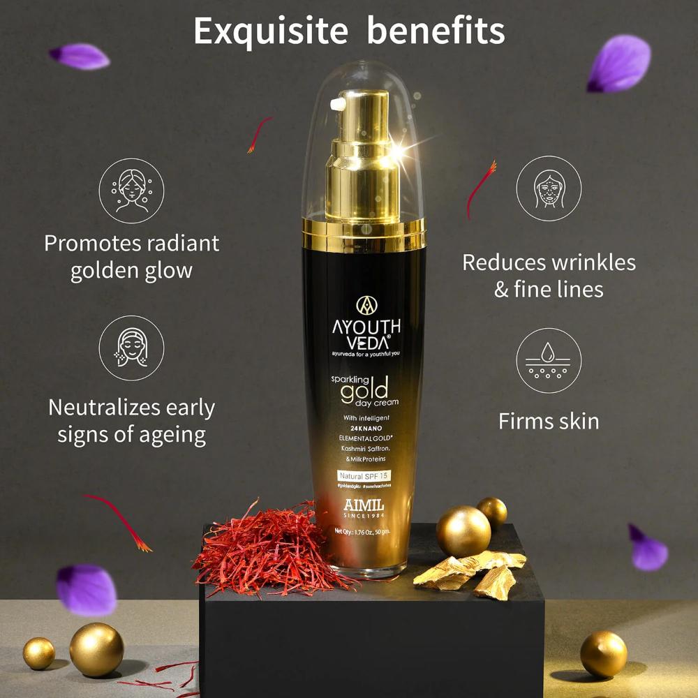 Ayouthveda Sparkling Gold Day Cream with 24K Nano Gold, Saffron & Lotus for Radiant, Youthful Skin