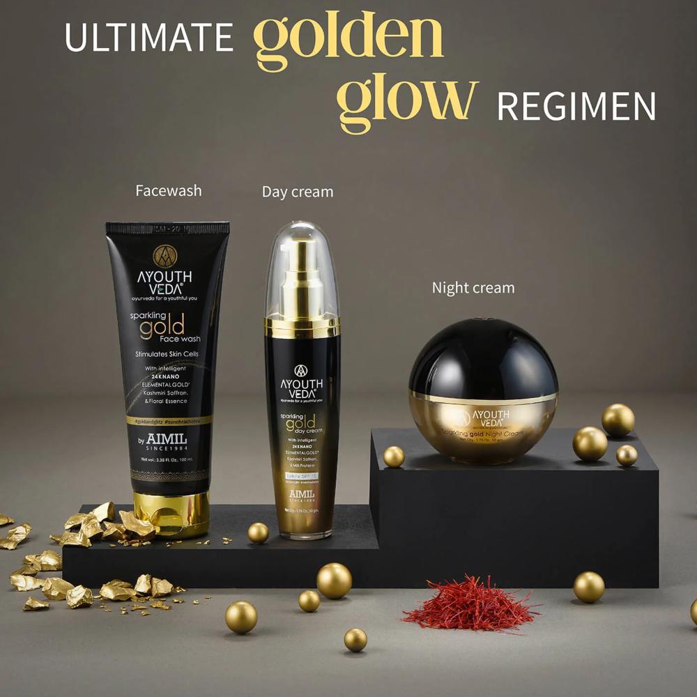 Ayouthveda Sparkling Gold Day Cream with 24K Nano Gold, Saffron & Lotus for Radiant, Youthful Skin