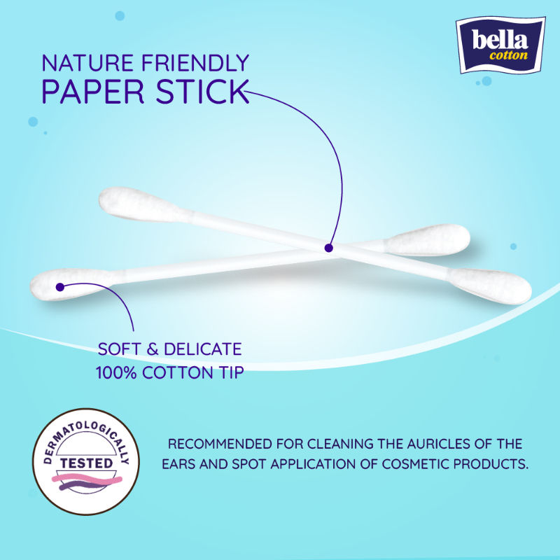 Bella Cotton Buds with Paper Stick, Soft and Gentle, 100% Cotton, Nature Friendly