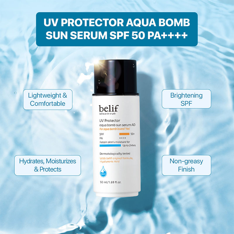 belif UV Protector Aqua Bomb Vegan Korean Face Sunscreen Serum SPF50+ with Niacinamide,No White Cast
