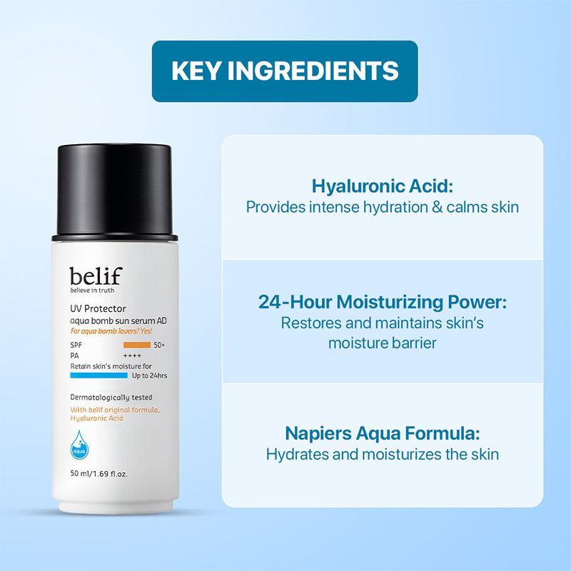 belif UV Protector Aqua Bomb Vegan Korean Face Sunscreen Serum SPF50+ with Niacinamide,No White Cast
