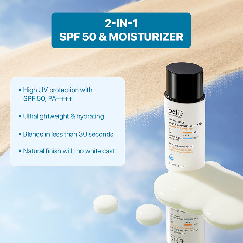 belif UV Protector Aqua Bomb Vegan Korean Face Sunscreen Serum SPF50+ with Niacinamide,No White Cast