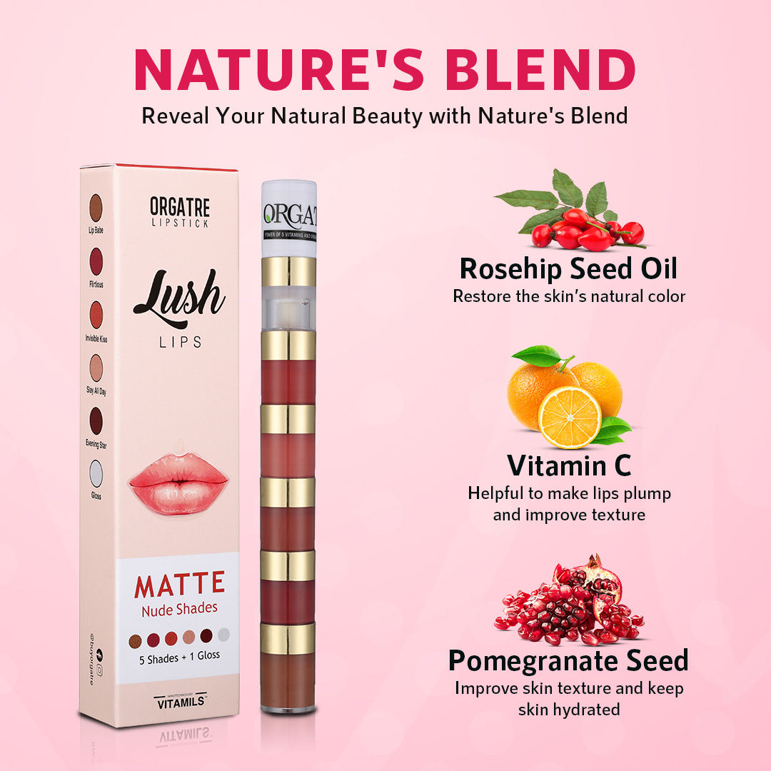 Orgatre Lush Lips 5-in-1 Matte Classic Lipstick with Gloss - Waterproof, Smudge-Proof, Long-Lasting