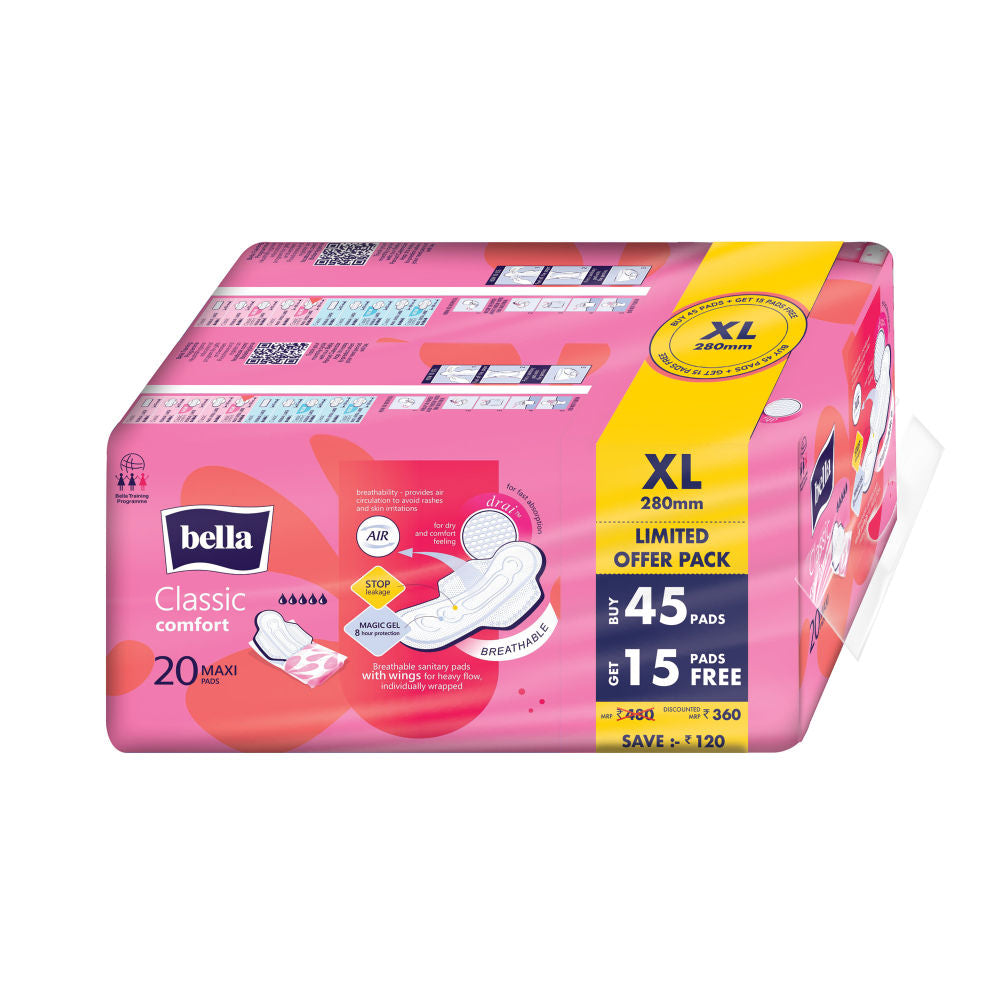 Bella Classic Comfort Maxi Dry Sanitary Pads, 45 Pads + 15 Pads Free