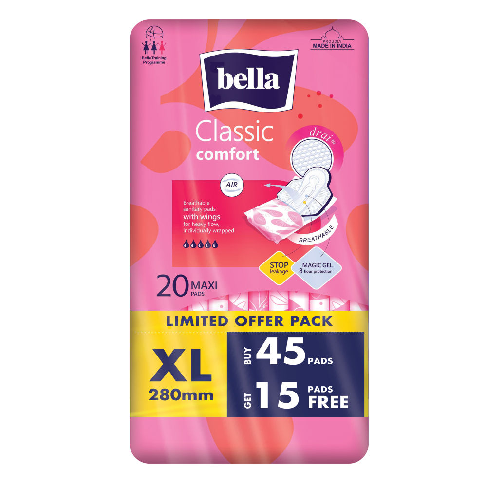 Bella Classic Comfort Maxi Dry Sanitary Pads, 45 Pads + 15 Pads Free
