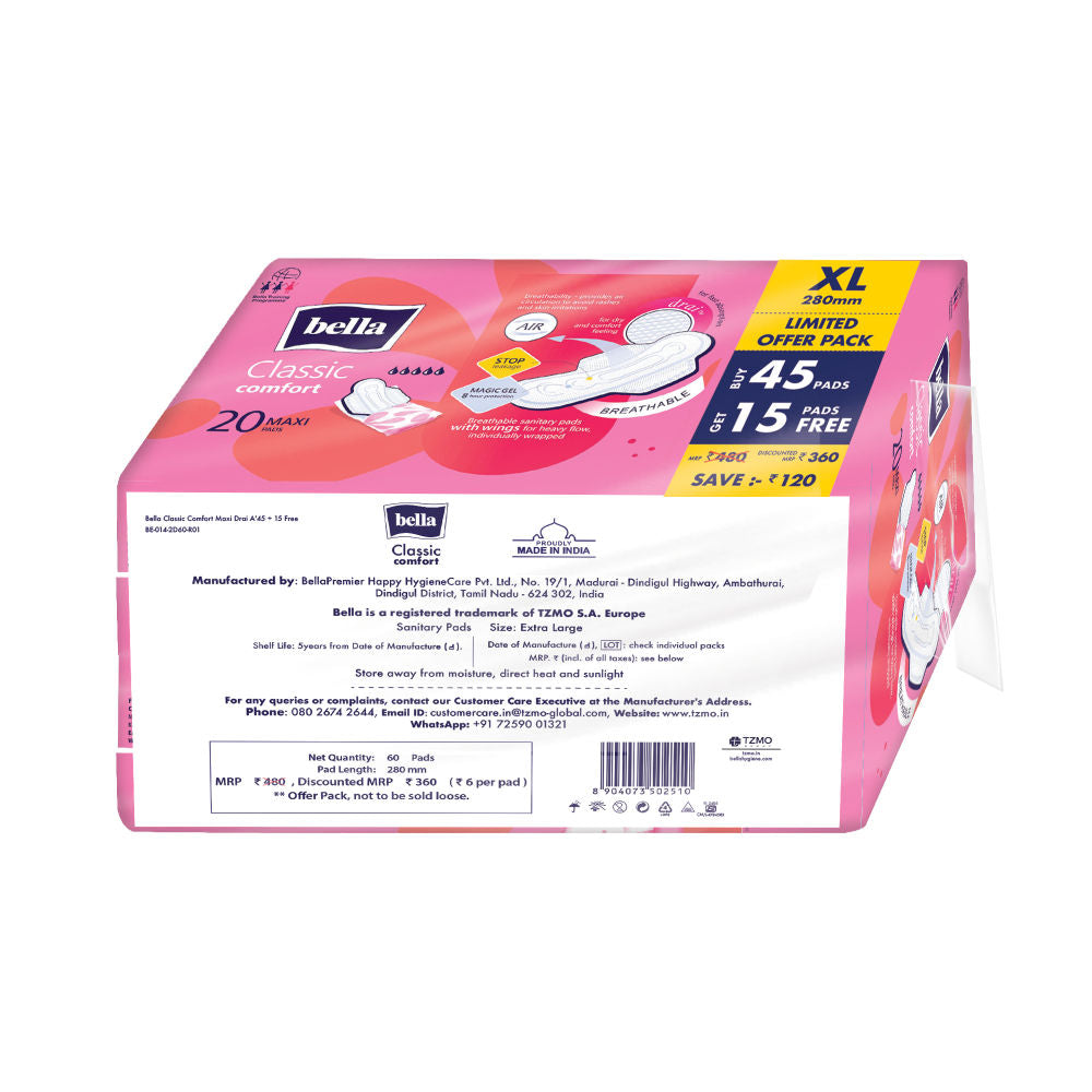 Bella Classic Comfort Maxi Dry Sanitary Pads, 45 Pads + 15 Pads Free