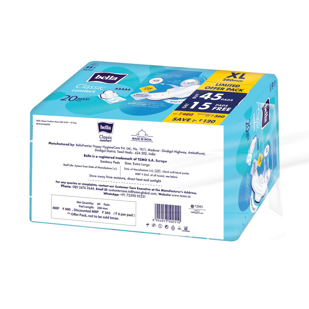 Bella Classic Comfort Maxi Softi Sanitary Pads, 45 Pads + 15 Pads Free