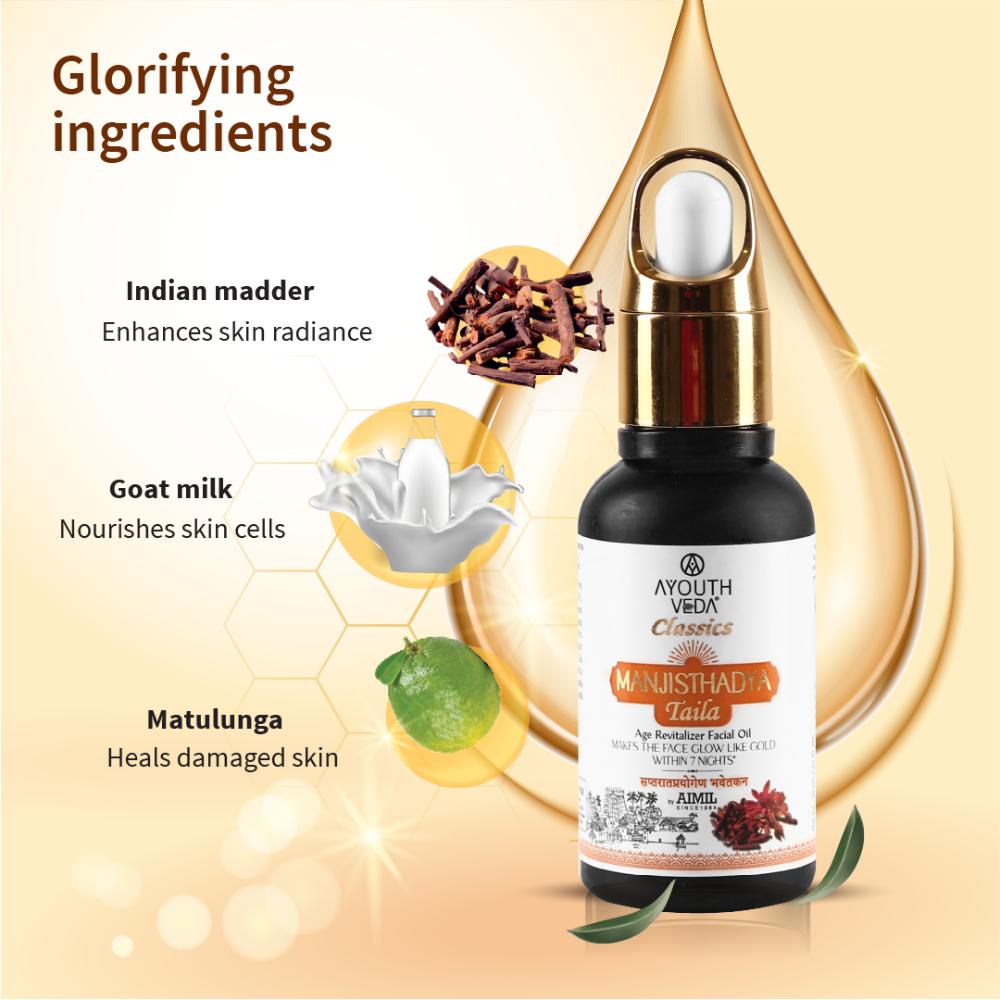 Ayouthveda Manjisthadya Taila with Goat Milk & Herbs to Nourish Skin & Fade Blemishes