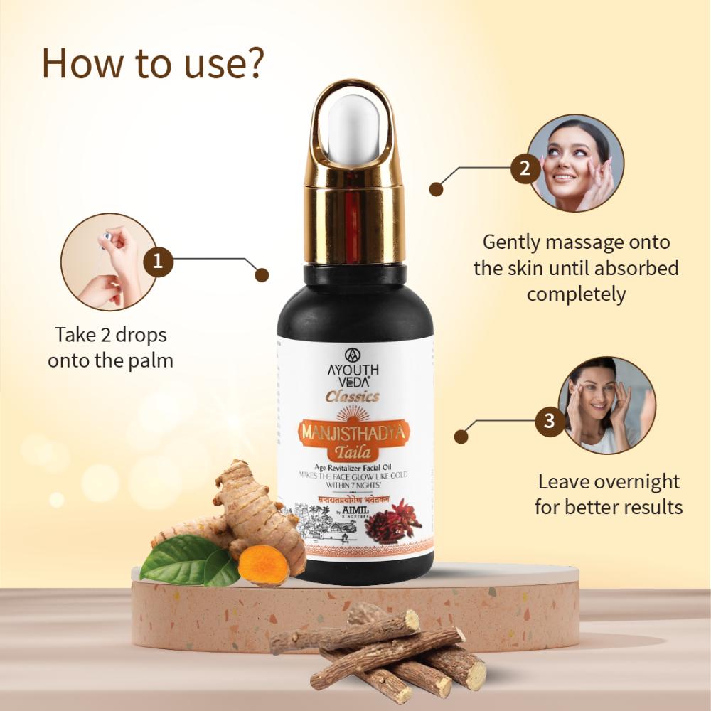 Ayouthveda Manjisthadya Taila with Goat Milk & Herbs to Nourish Skin & Fade Blemishes