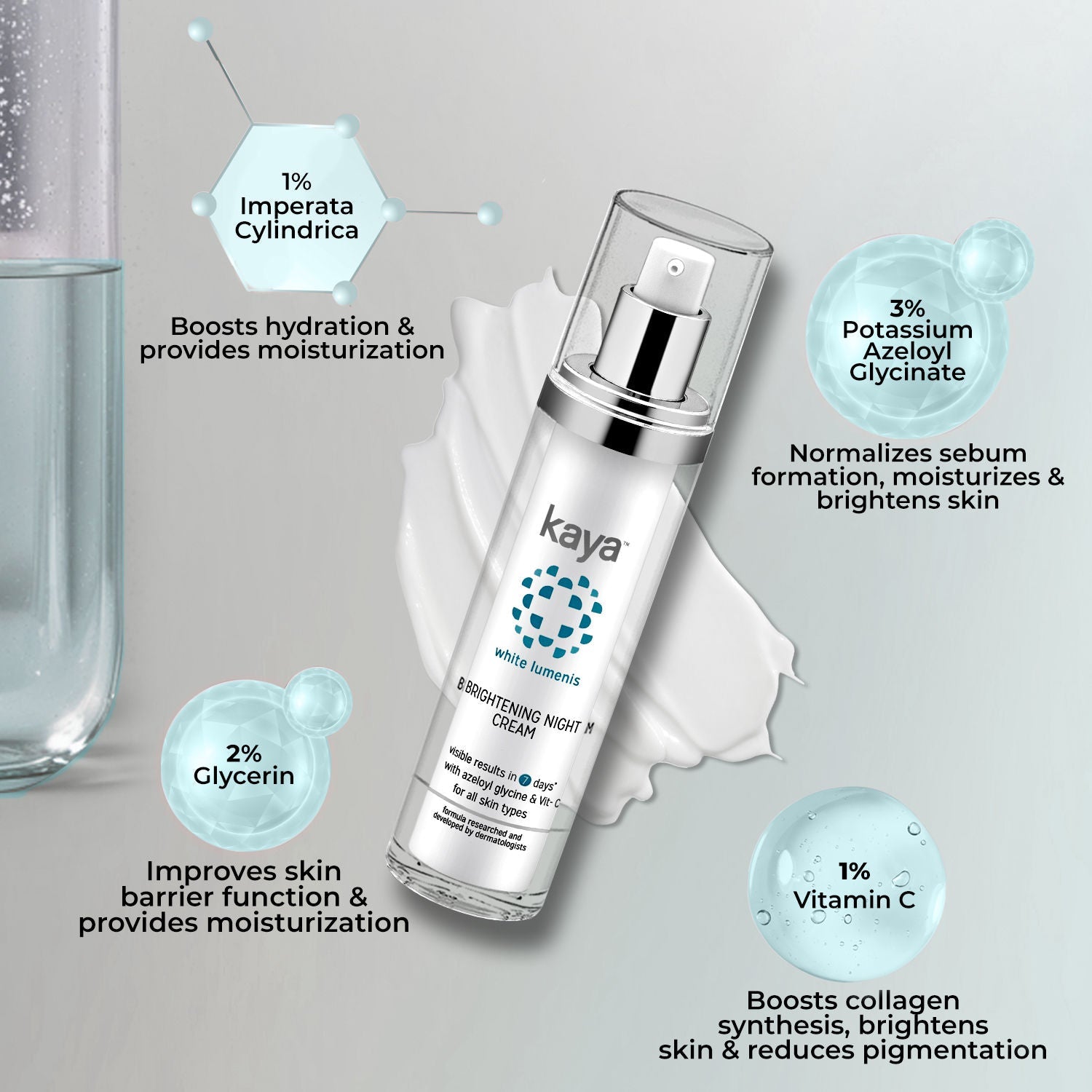 Kaya Brightening Night Cream, with Azeloyl Glycine & Vitamin C for all skin types