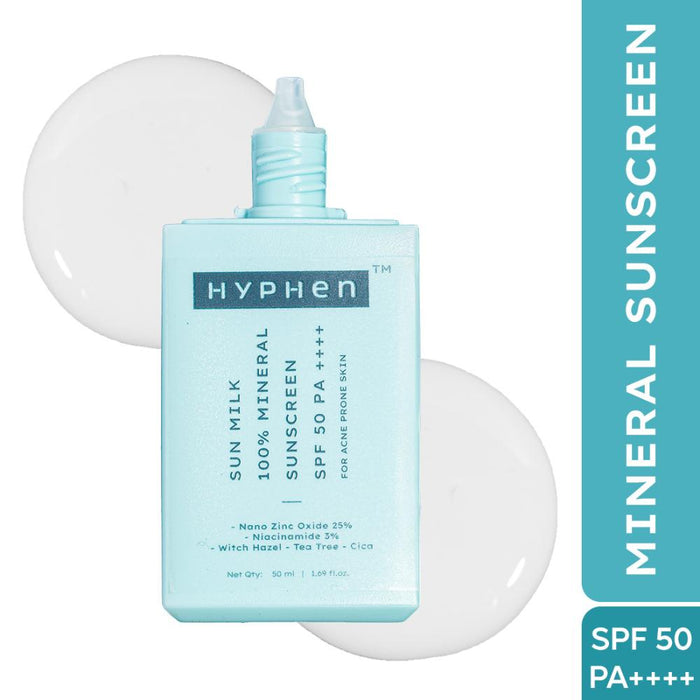 Hyphen Sun Milk 100% Mineral Sunscreen SPF 50 PA++++ 25% Nano Zinc Oxide For Acne Prone, Oily Skin