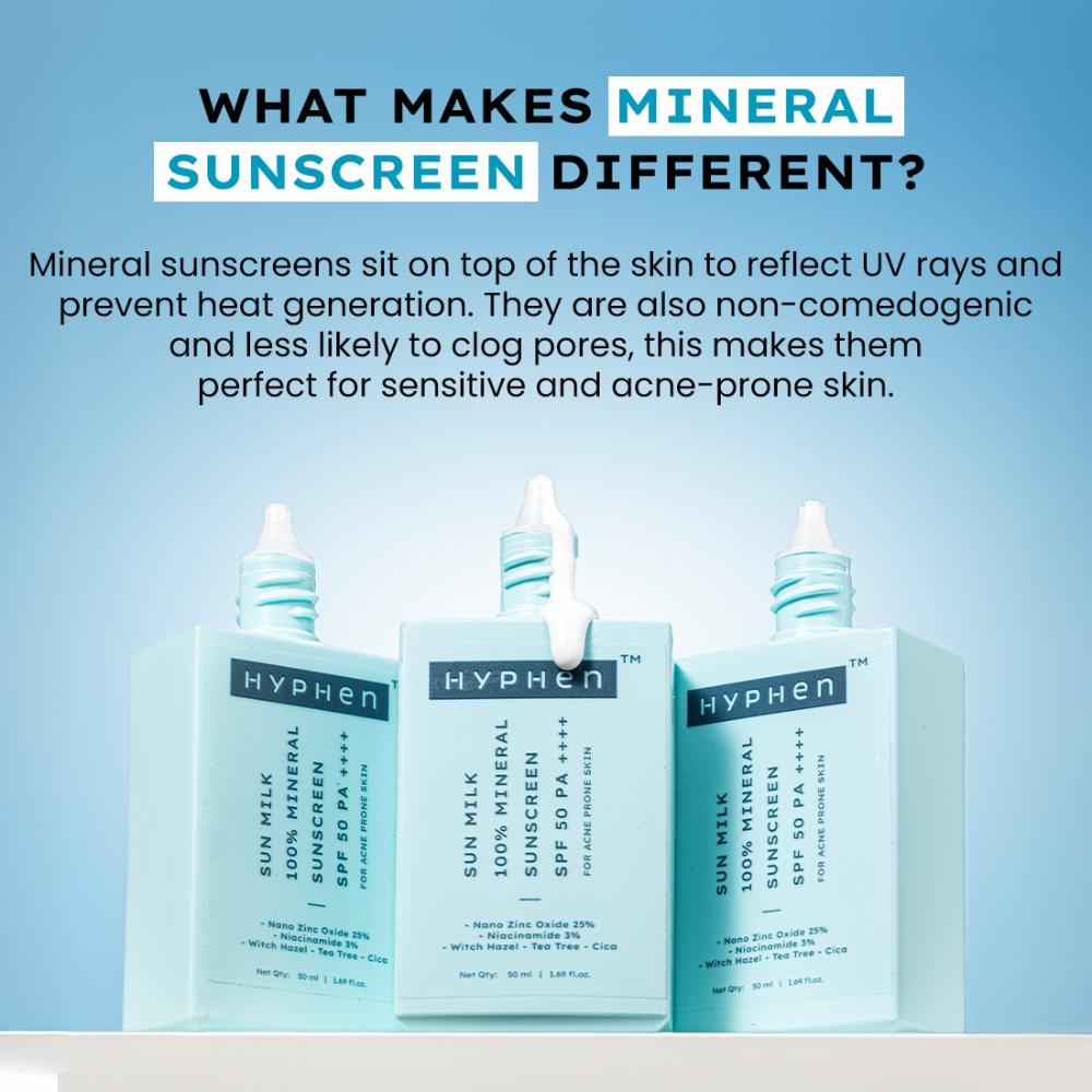 Hyphen Sun Milk 100% Mineral Sunscreen SPF 50 PA++++ 25% Nano Zinc Oxide For Acne Prone, Oily Skin
