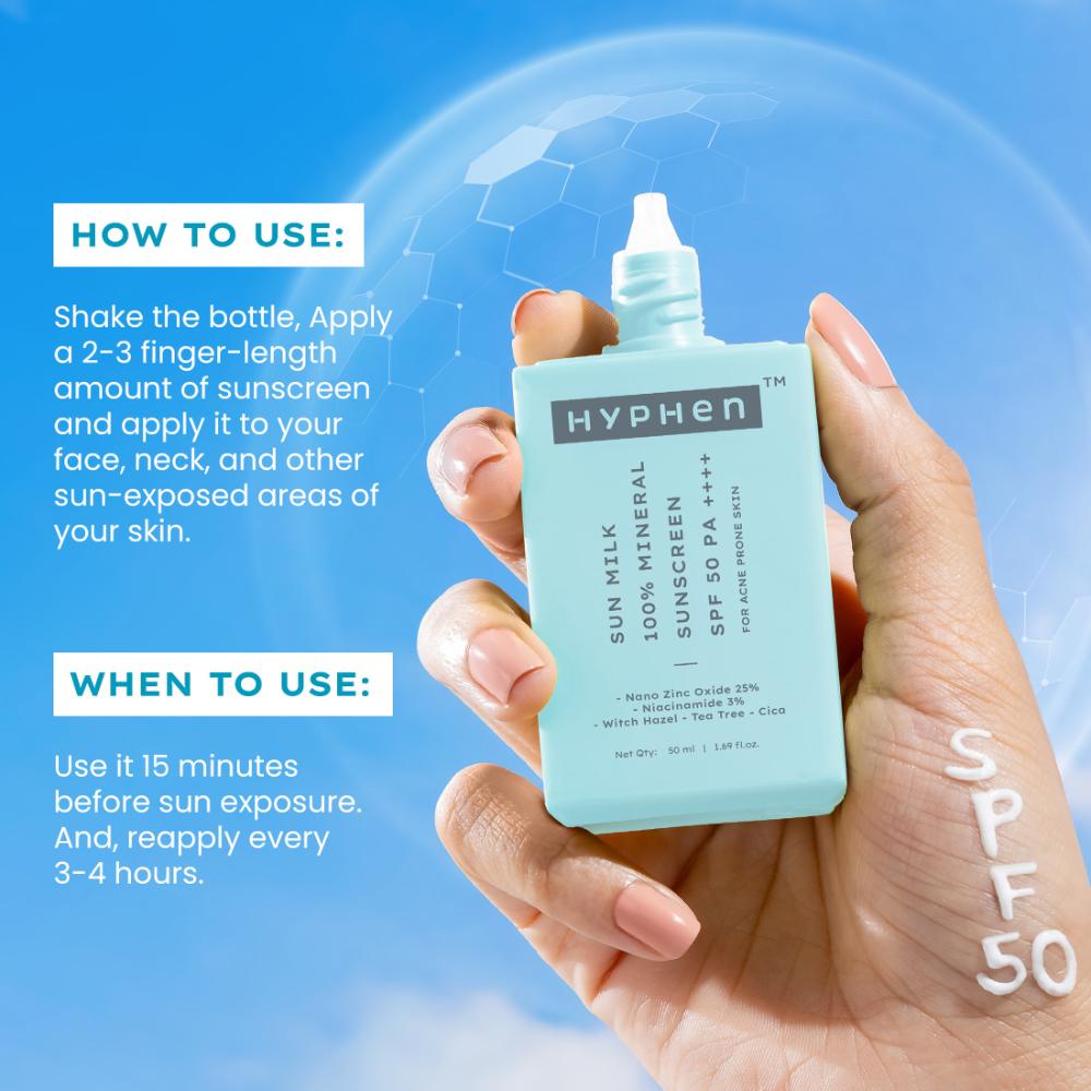Hyphen Sun Milk 100% Mineral Sunscreen SPF 50 PA++++ 25% Nano Zinc Oxide For Acne Prone, Oily Skin