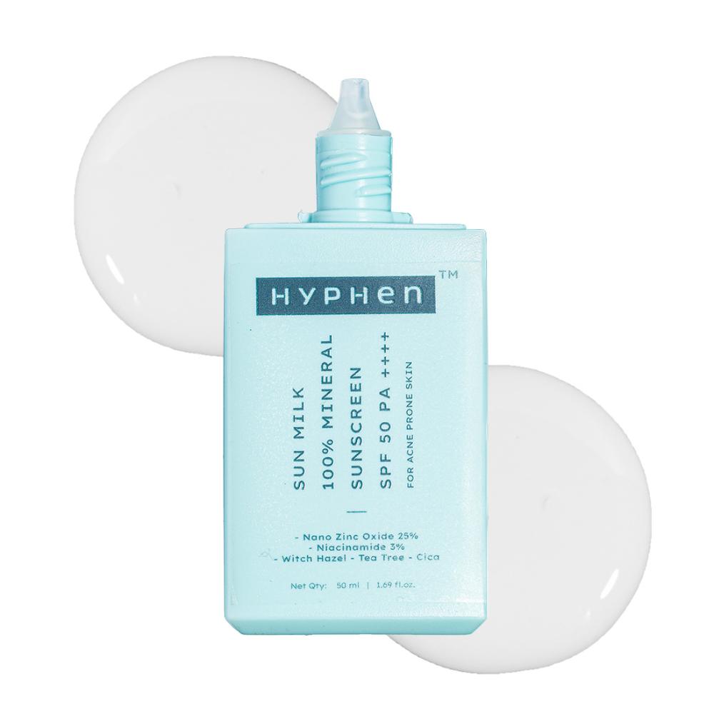 Hyphen Sun Milk 100% Mineral Sunscreen SPF 50 PA++++ 25% Nano Zinc Oxide For Acne Prone, Oily Skin