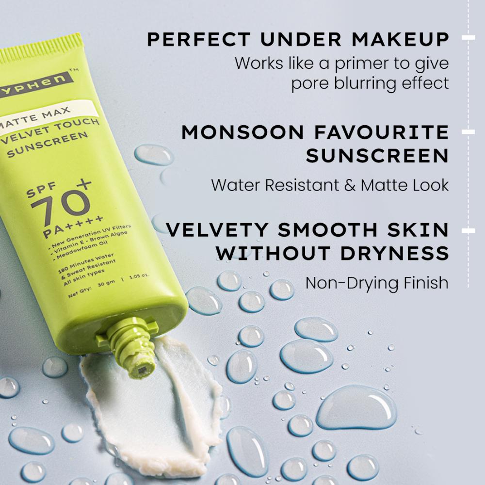 Hyphen Matte Max Velvet Touch Sunscreen SPF70+PA++++ Sweat & Water Resistant 12hr UV Protection