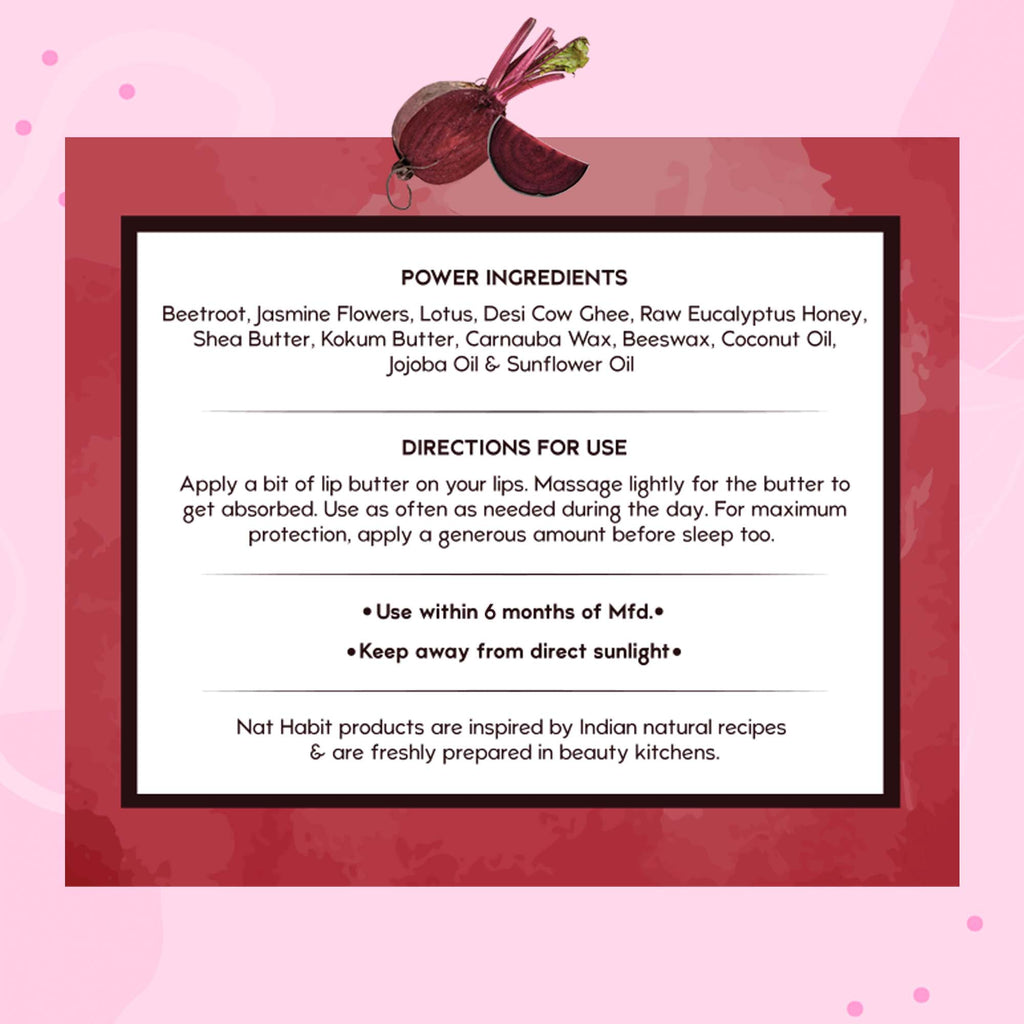 Nat Habit Beetroot Lip Butter With Desi Ghee & Honey Lip Balm For Natural Pink Lips, Lip Moisturizer