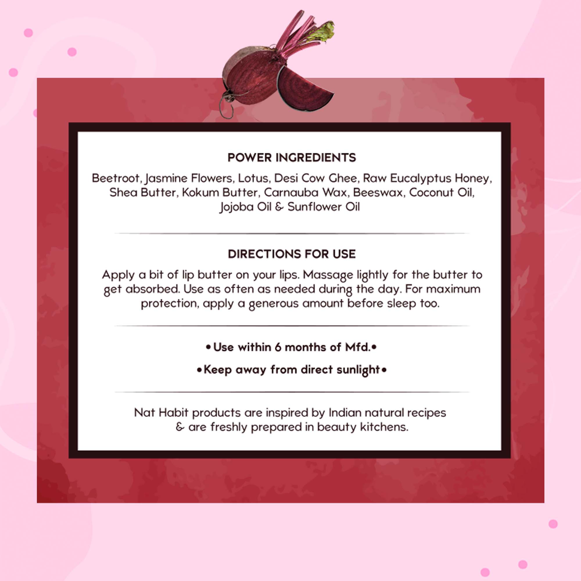Nat Habit Beetroot Lip Butter With Desi Ghee & Honey Lip Balm For Natural Pink Lips, Lip Moisturizer