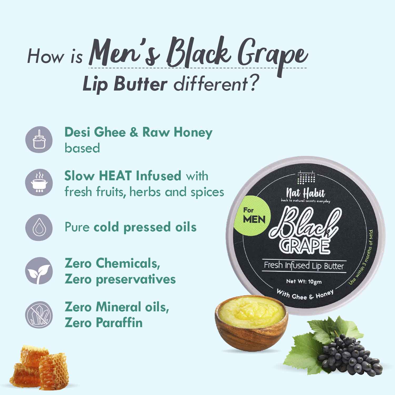 Nat Habit Desi Ghee & Honey Lip Butter, Non Tinted Black Grape Lip Balm For Men, Dark Lip Lightening