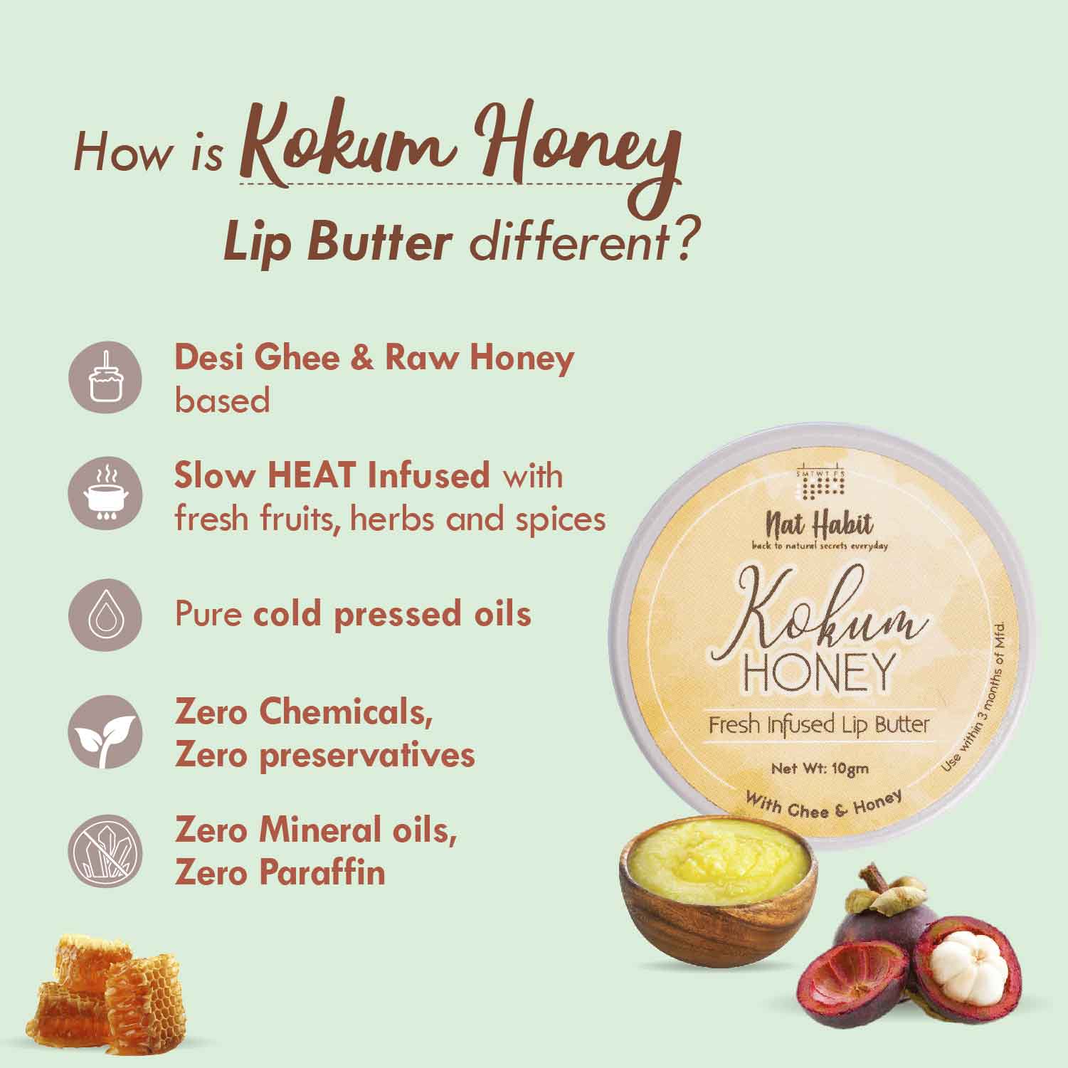 Nat Habit Desi Ghee & Honey Lip Balm - Kokum Honey Lip Butter For Lip Pigmentation & Lip Lightening