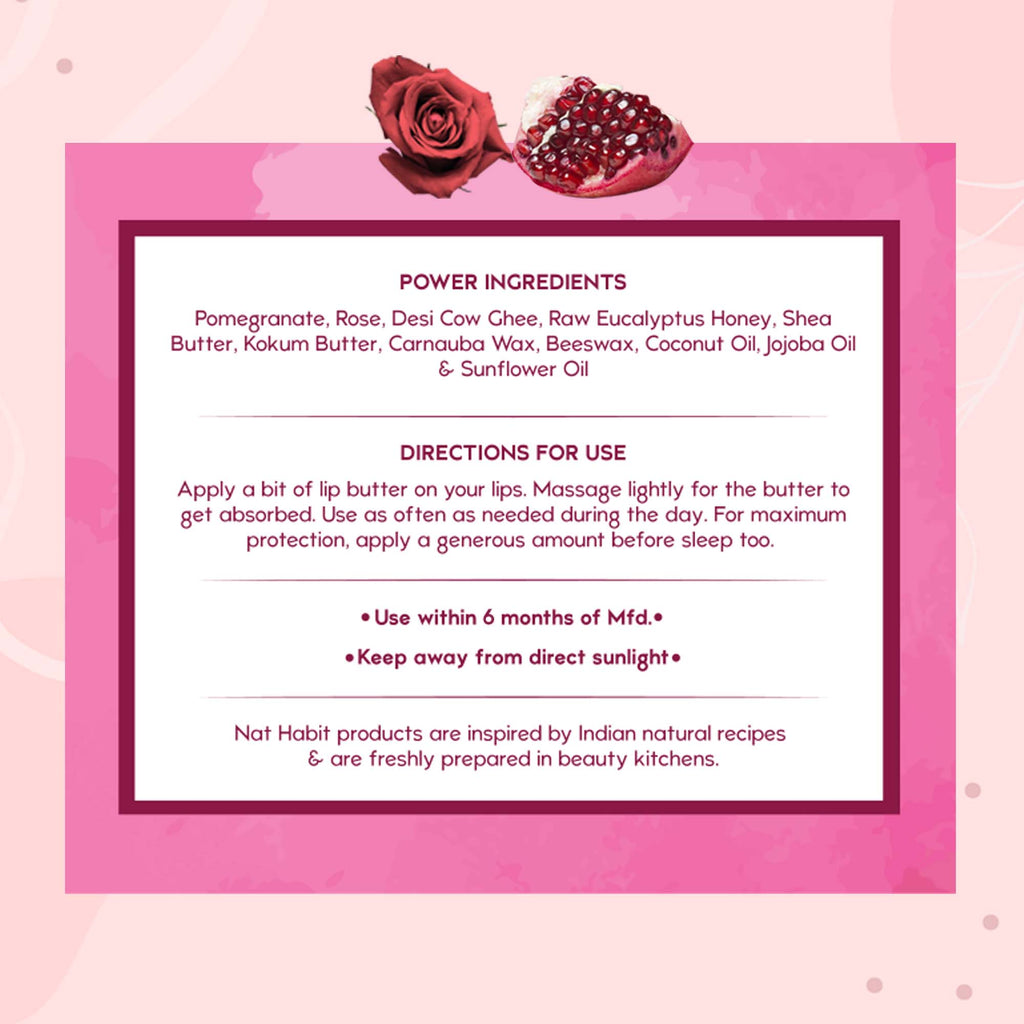 Nat Habit Pomegranate Rose Lip Balm For Dark Pigmented Lips, Lip Butter With Desi Ghee & Honey