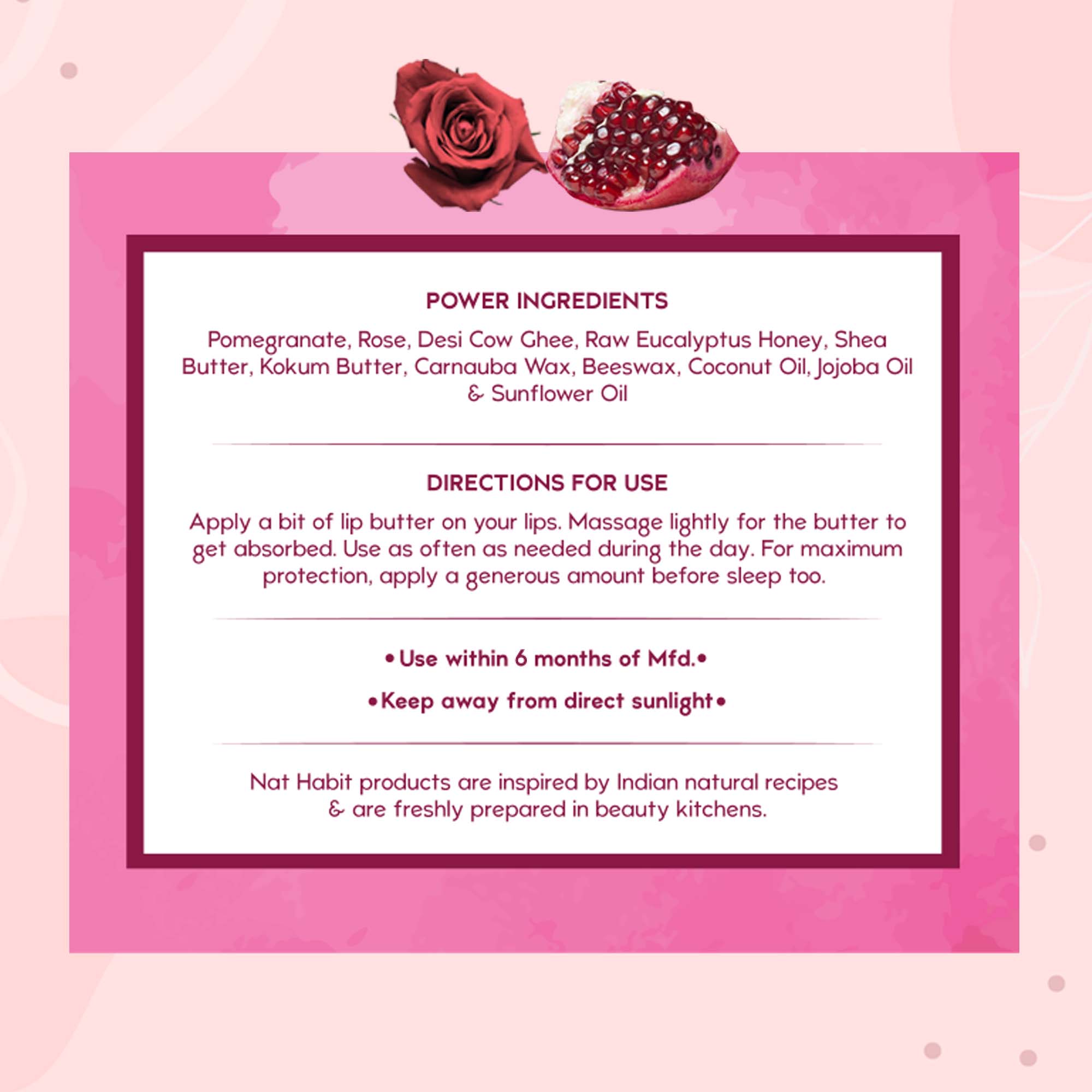 Nat Habit Pomegranate Rose Lip Balm For Dark Pigmented Lips, Lip Butter With Desi Ghee & Honey