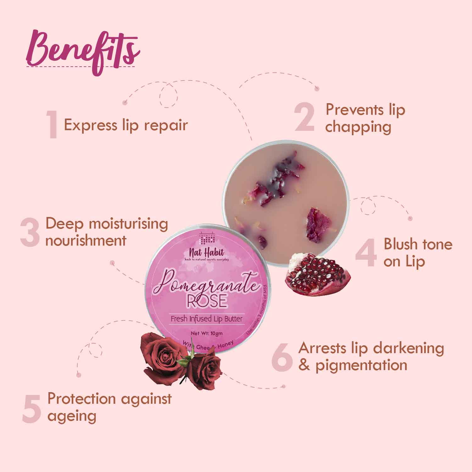 Nat Habit Pomegranate Rose Lip Balm For Dark Pigmented Lips, Lip Butter With Desi Ghee & Honey