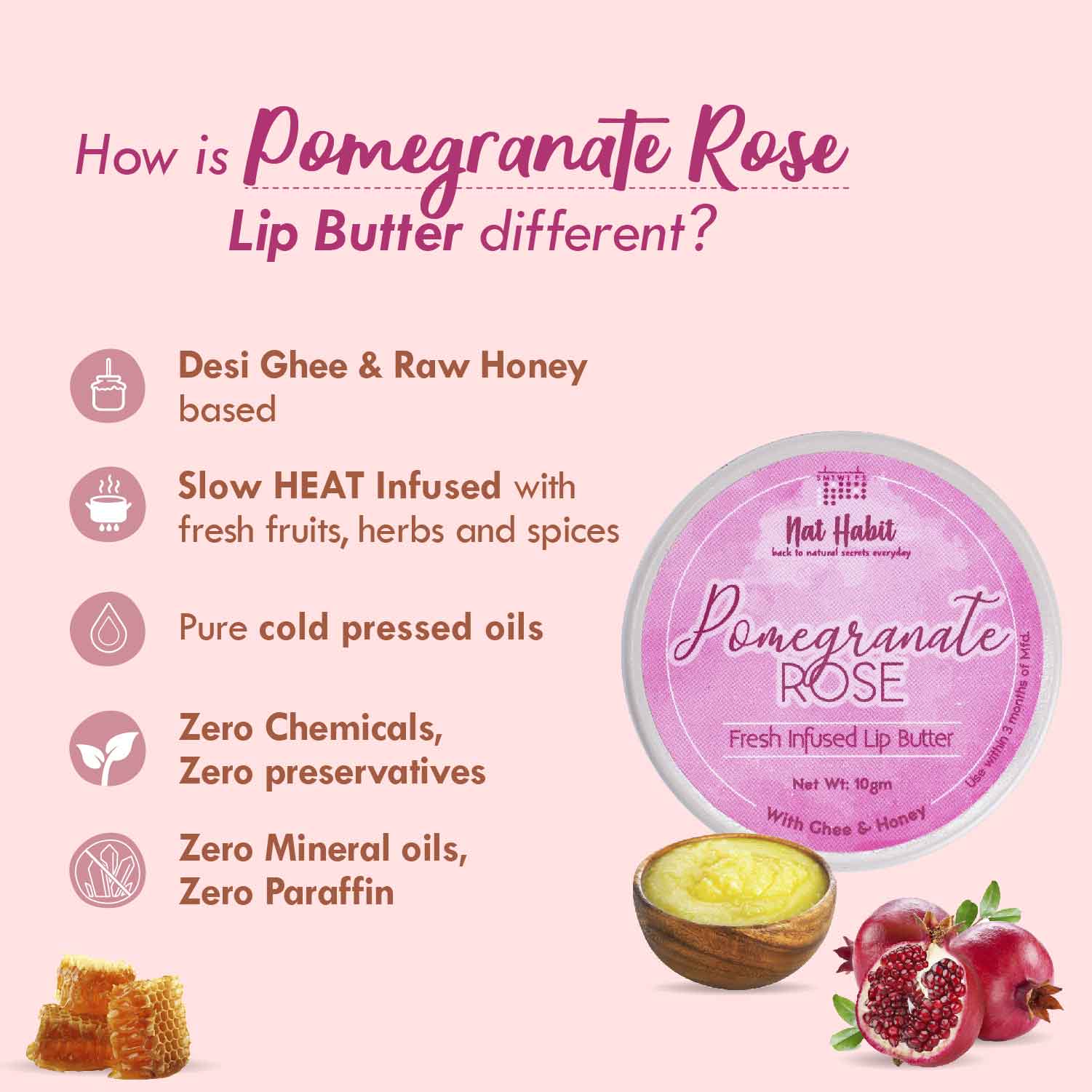 Nat Habit Pomegranate Rose Lip Balm For Dark Pigmented Lips, Lip Butter With Desi Ghee & Honey